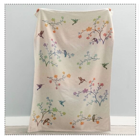Cuddledown Hummingbird Throw Blanket Whimsical Jaquard Organic Cotton 59x50 - Picture 2 of 7